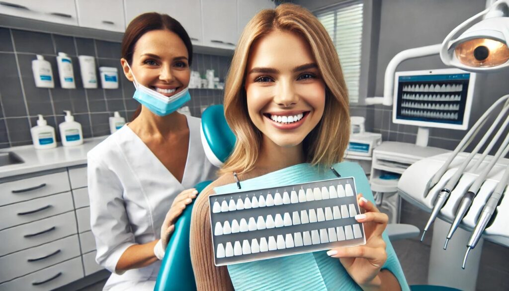 Smiling patient with dentist holding white laminate veneer samples