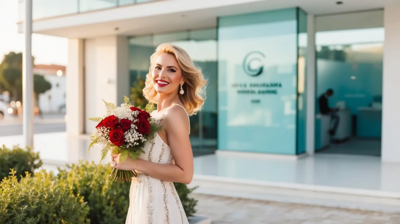 Teeth Plus diş kliniği önünde gülümseyen gelin - Marmaris Diş Hekimi ve Türkiye’de Dental Turizm