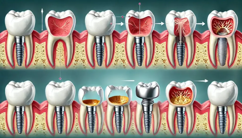 Step-by-step illustration of the dental implant process showing titanium screws placed into the jawbone and prosthetic teeth attached, resembling natural teeth.