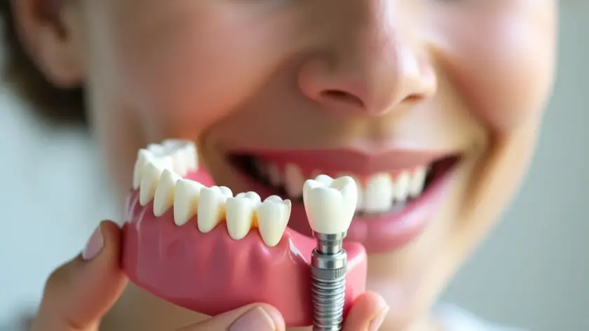 Diş implantı modeli tutan gülümseyen bir kadının detaylı yakın çekimi, eksik dişler için modern dental çözümleri sergiliyor.