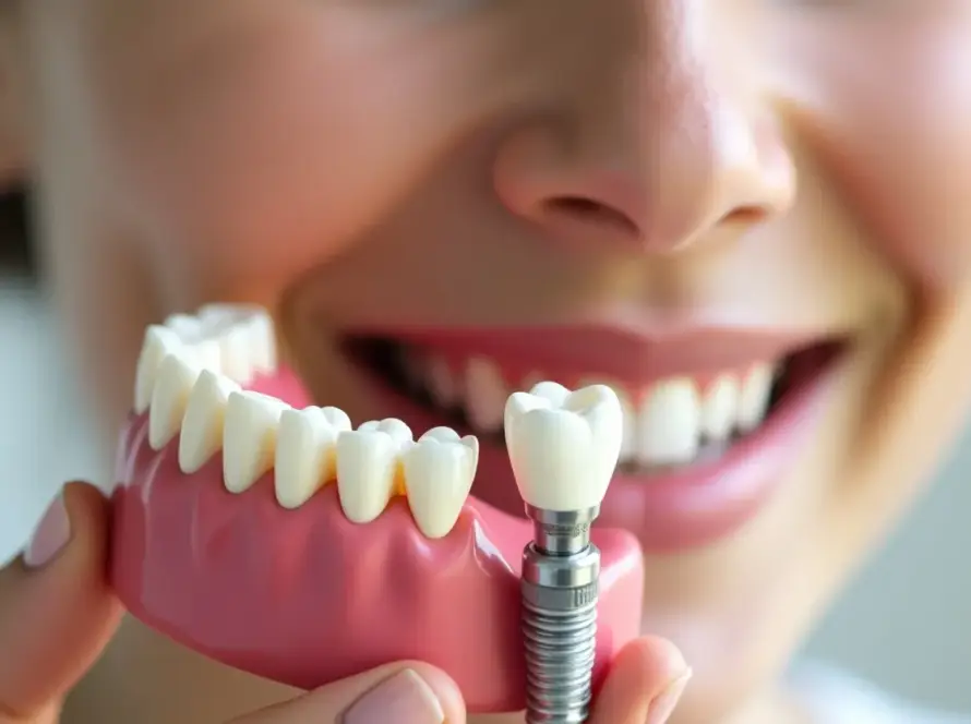 Diş implantı modeli tutan gülümseyen bir kadının detaylı yakın çekimi, eksik dişler için modern dental çözümleri sergiliyor.