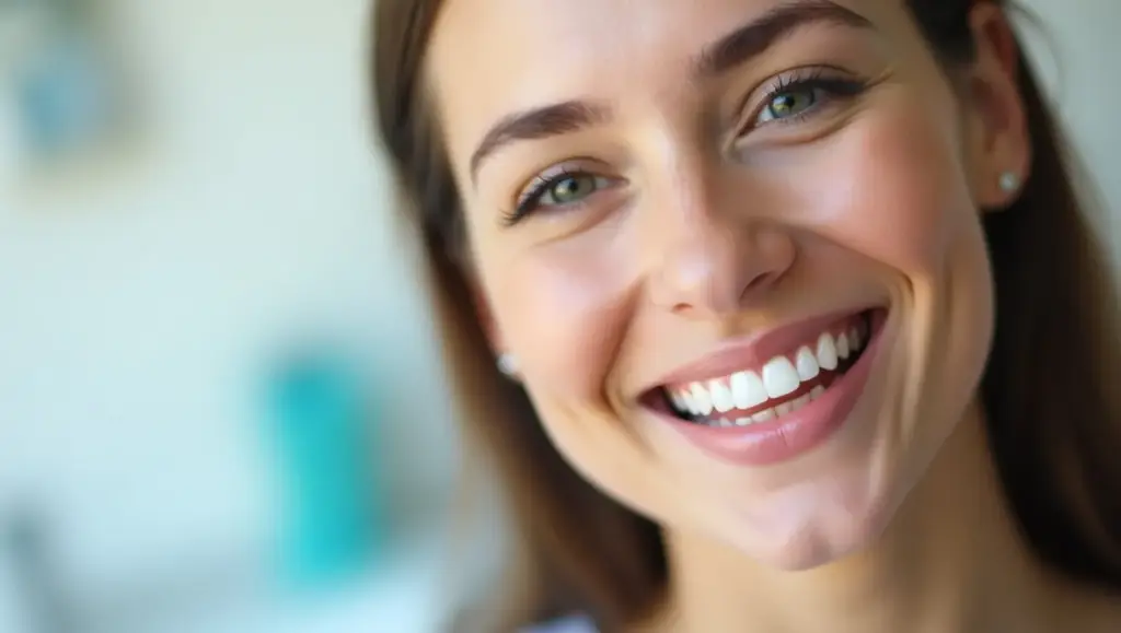 Close-up of a person smiling, showcasing bright, white teeth after professional teeth whitening treatment.