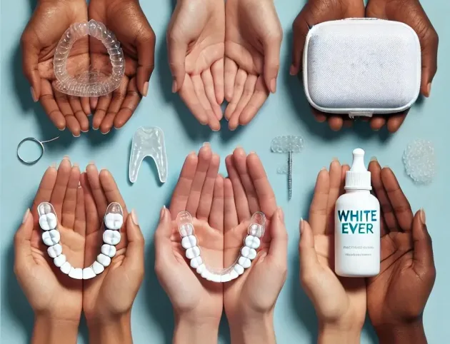 Hands of diverse skin tones holding dental care items such as a clear aligner, a white dental care case, and a small bottle labeled ‘WHITE EVER’. Highlighting the importance of dental hygiene, this image represents the quality care provided by TeethPlus, the leading dental clinic in Marmaris. Experience top-notch dental services with our Marmaris dentist at TeethPlus.